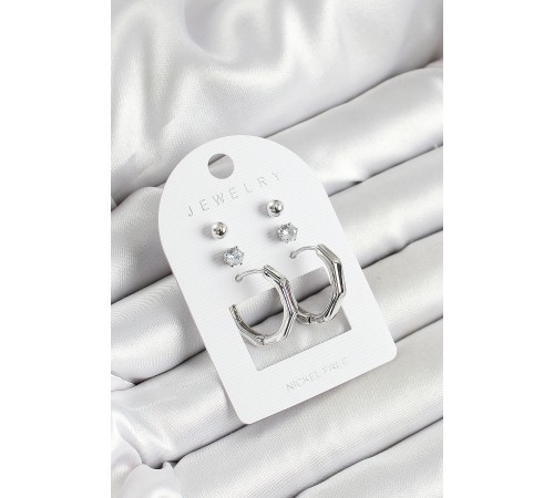 Pirinç Zirkon Taş Ve Kemik Halka Figürlü Gümüş Renk 3'lü Çift Kadın Küpe Set - TJ-BKP10648