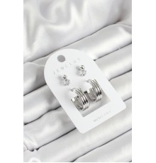 Pirinç Zirkon Taş Ve Halka Figürlü Gümüş Renk 3'lü Çift Kadın Küpe Set - TJ-BKP10649