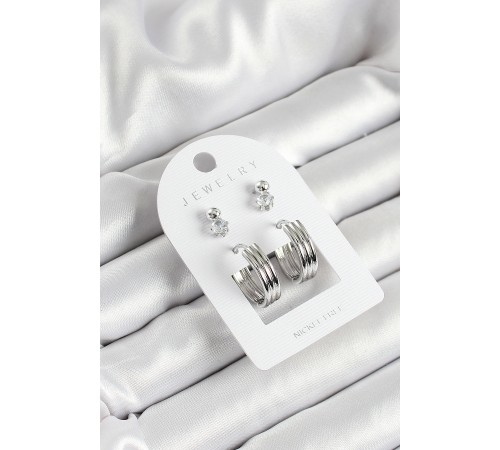 Pirinç Zirkon Taş Ve Halka Figürlü Gümüş Renk 3'lü Çift Kadın Küpe Set - TJ-BKP10649