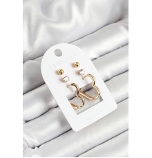 Pirinç Zirkon Taş Ve Kalp Figürlü Gold Renk 3'lü Çift Kadın Küpe Set - TJ-BKP10650