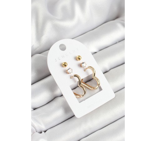 Pirinç Zirkon Taş Ve Kalp Figürlü Gold Renk 3'lü Çift Kadın Küpe Set - TJ-BKP10650
