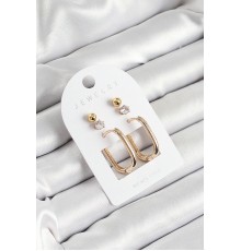 Pirinç Zirkon Taş Ve Dikdörtgen Figürlü Gold Renk 3'lü Çift Kadın Küpe Set - TJ-BKP10651