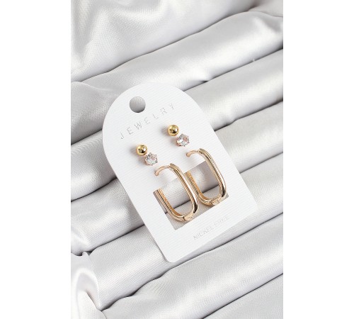Pirinç Zirkon Taş Ve Dikdörtgen Figürlü Gold Renk 3'lü Çift Kadın Küpe Set - TJ-BKP10651