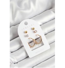 Pirinç Zirkon Taş Ve Halka Figürlü Gold Renk 3'lü Çift Kadın Küpe Set - TJ-BKP10652