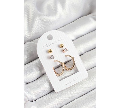 Pirinç Zirkon Taş Ve Halka Figürlü Gold Renk 3'lü Çift Kadın Küpe Set - TJ-BKP10652