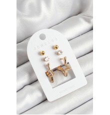 Pirinç Zirkon Taş Ve Yıldız Figürlü Gold Renk 3'lü Çift Kadın Küpe Set - TJ-BKP10653