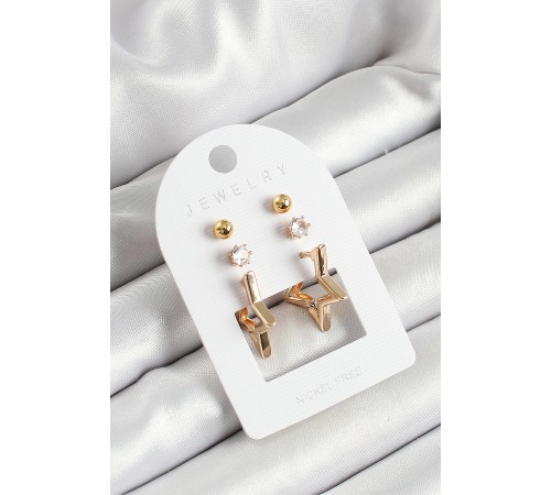 Pirinç Zirkon Taş Ve Yıldız Figürlü Gold Renk 3'lü Çift Kadın Küpe Set - TJ-BKP10653