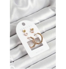 Pirinç Zirkon Taş Ve Kemik Halka Figürlü Gold Renk 3'lü Çift Kadın Küpe Set - TJ-BKP10654