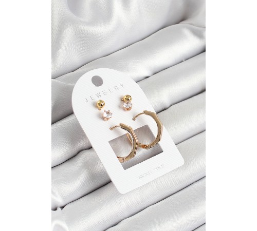 Pirinç Zirkon Taş Ve Kemik Halka Figürlü Gold Renk 3'lü Çift Kadın Küpe Set - TJ-BKP10654