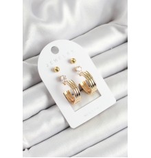 Pirinç Zirkon Taş Ve Halka Figürlü Gold Renk 3'lü Çift Kadın Küpe Set - TJ-BKP10655