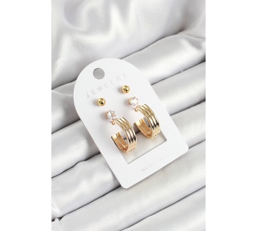 Pirinç Zirkon Taş Ve Halka Figürlü Gold Renk 3'lü Çift Kadın Küpe Set - TJ-BKP10655