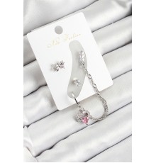 Pirinç Fiyonk ve Kalp Figürlü Zirkon Taşlı Gümüş Renk 3'lü Kıkırdak Kadın Küpe Set - TJ-BKP10657