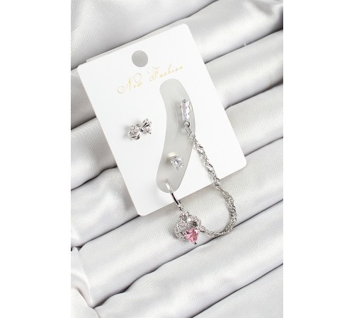 Pirinç Fiyonk ve Kalp Figürlü Zirkon Taşlı Gümüş Renk 3'lü Kıkırdak Kadın Küpe Set - TJ-BKP10657