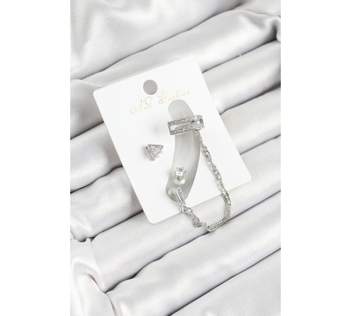 Pirinç Üçgen Figürlü Zirkon Taşlı Gümüş Renk 3'lü Kıkırdak Kadın Küpe Set - TJ-BKP10658