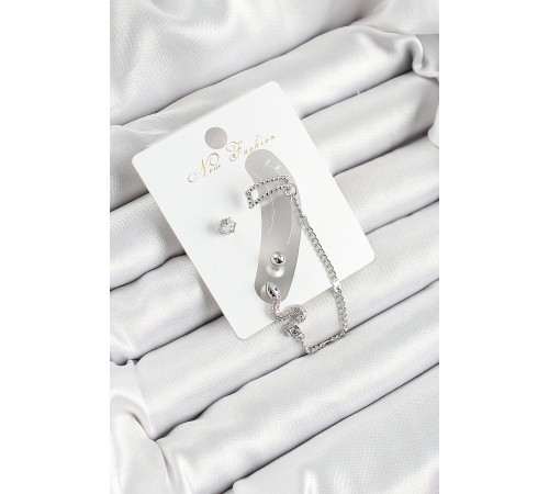 Pirinç Yılan Figürlü Zirkon Taşlı Gümüş Renk 3'lü Kıkırdak Kadın Küpe Set - TJ-BKP10660