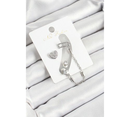 Pirinç Kalp Figürlü Zirkon Taşlı Gümüş Renk 3'lü Kıkırdak Kadın Küpe Set - TJ-BKP10661