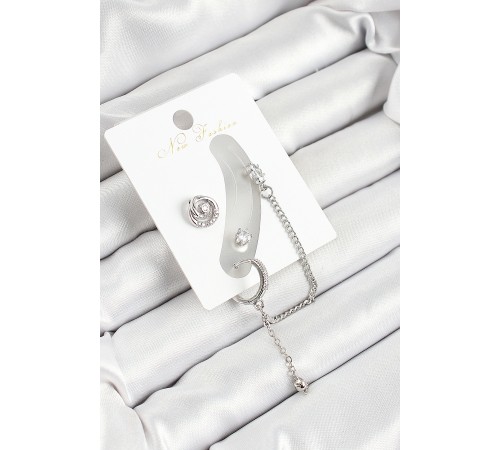 Pirinç Halka Figürlü Zirkon Taşlı Gümüş Renk 3'lü Kıkırdak Kadın Küpe Set - TJ-BKP10662