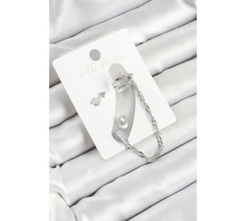 Pirinç Ok Figürlü Zirkon Taşlı Gümüş Renk 3'lü Kıkırdak Kadın Küpe Set - TJ-BKP10663