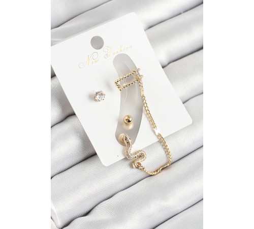 Pirinç Yılan Figürlü Zirkon Taşlı Gold Renk 3'lü Kıkırdak Kadın Küpe Set - TJ-BKP10664