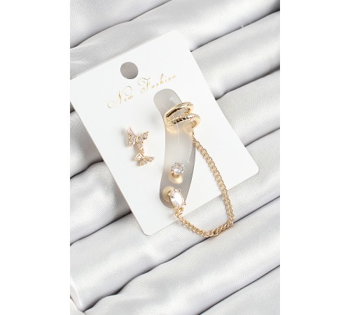 Pirinç Figürlü Zirkon Taşlı Gold Renk 3'lü Kıkırdak Kadın Küpe Set - TJ-BKP10665