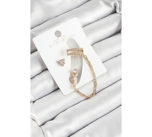 Pirinç Üçgen Figürlü Zirkon Taşlı Gold Renk 3'lü Kıkırdak Kadın Küpe Set - TJ-BKP10667