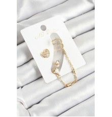 Pirinç Kalp Figürlü Zirkon Taşlı Gold Renk 3'lü Kıkırdak Kadın Küpe Set - TJ-BKP10669