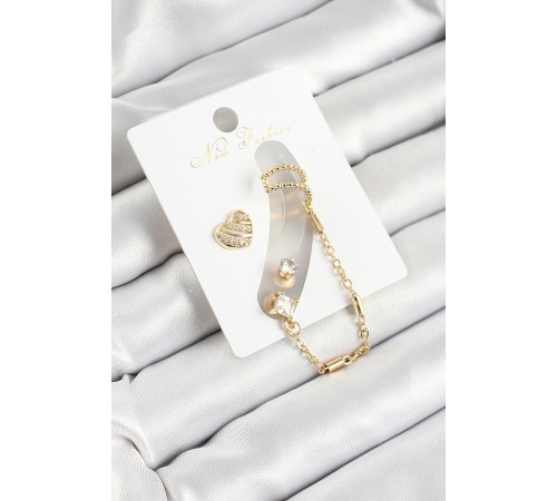 Pirinç Kalp Figürlü Zirkon Taşlı Gold Renk 3'lü Kıkırdak Kadın Küpe Set - TJ-BKP10669
