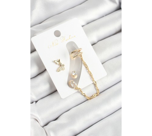 Pirinç Figürlü Zirkon Taşlı Gold Renk 3'lü Kıkırdak Kadın Küpe Set - TJ-BKP10670