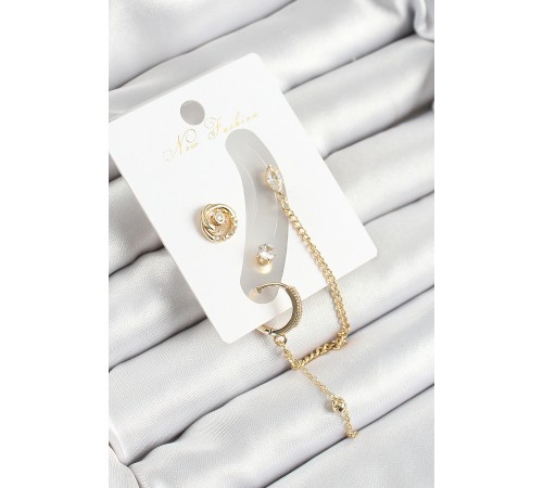 Pirinç Halka Figürlü Zirkon Taşlı Gold Renk 3'lü Kıkırdak Kadın Küpe Set - TJ-BKP10671