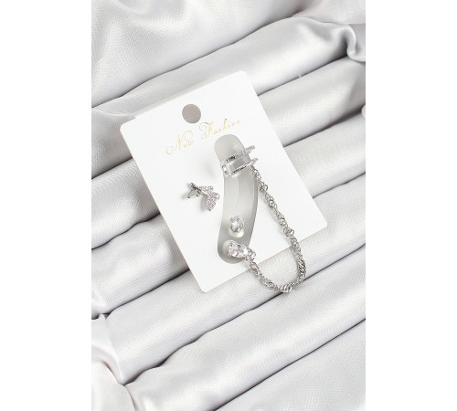 Pirinç Figürlü Zirkon Taşlı Gümüş Renk 3'lü Kıkırdak Kadın Küpe Set - TJ-BKP10659