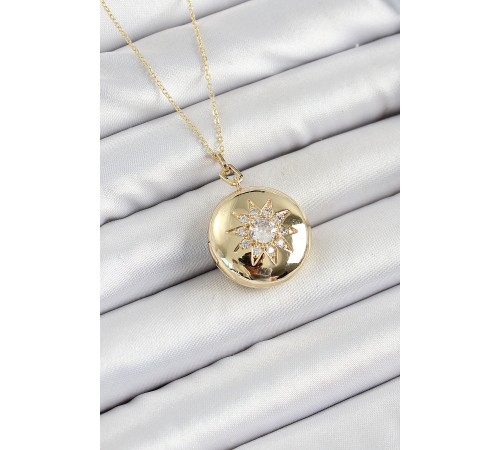 316L Çelik Zincir Açılabilir Madalyon Model Zirkon Taşlı Gold Renk Kadın Kolye - TJ-BKO10240