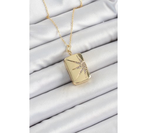 316L Çelk Açılabilir Dikdörtgen Model Zirkon Taşlı Gold Renk Kadın Zincir kolye - TJ-BKO10241