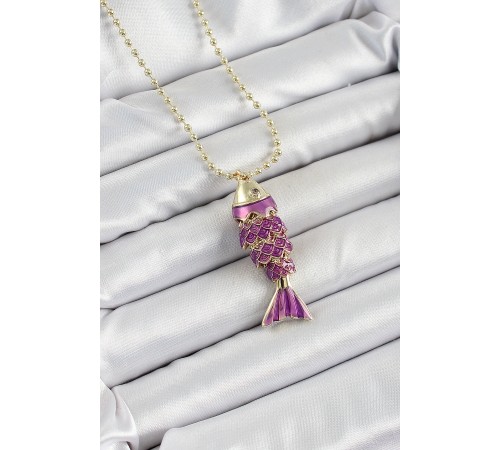 Pirinç Mor Balık Model Zirkon Taşlı Gold Renk Kadın Kolye - TJ-BKO10242