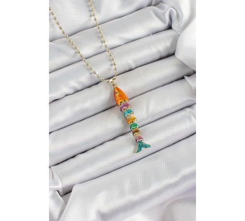 Pirinç Rainbow Balık Model Zirkon Taşlı Gold Renk Kadın Kolye - TJ-BKO10243
