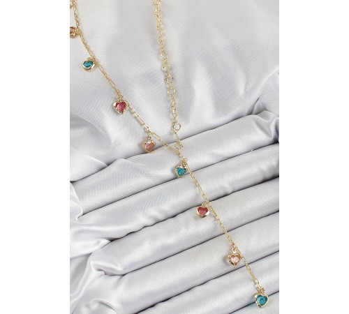 Pirinç Asorti Kalp Model Gold Renk Zirkon Taşlı Y Kolye - TJ-BKO10248