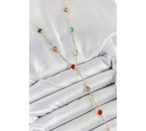 Pirinç Asorti Model Gold Renk Zirkon Taşlı Y Kolye - TJ-BKO10251