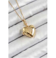 316L Çelik Zincir Açılabilir Yıldız Figürlü Kalp Model Zirkon Taşlı Gold Renk Kadın Kolye - TJ-BKO10261