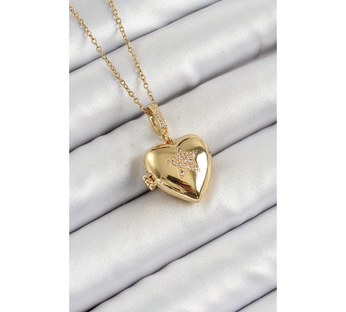 316L Çelik Zincir Açılabilir Yıldız Figürlü Kalp Model Zirkon Taşlı Gold Renk Kadın Kolye - TJ-BKO10261