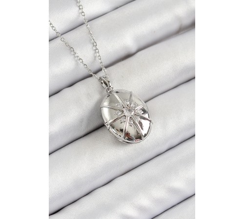 316L Çelik Zincir Açılabilir Madalyon Model Zirkon Taşlı Gümüş Renk Kadın Kolye - TJ-BKO10263