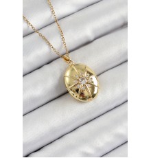 316L Çelik Zincir Açılabilir Madalyon Model Zirkon Taşlı Gold Renk Kadın Kolye - TJ-BKO10264