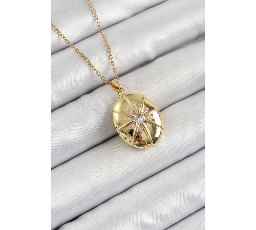 316L Çelik Zincir Açılabilir Madalyon Model Zirkon Taşlı Gold Renk Kadın Kolye - TJ-BKO10264