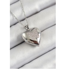 316L Çelik Zincir Açılabilir Figürlü Kalp Model Zirkon Taşlı Gümüş Renk Kadın Kolye - TJ-BKO10265
