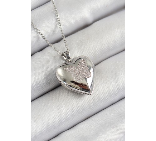 316L Çelik Zincir Açılabilir Figürlü Kalp Model Zirkon Taşlı Gümüş Renk Kadın Kolye - TJ-BKO10265