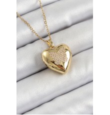 316L Çelik Zincir Açılabilir Figürlü Kalp Model Zirkon Taşlı Gold Renk Kadın Kolye - TJ-BKO10266