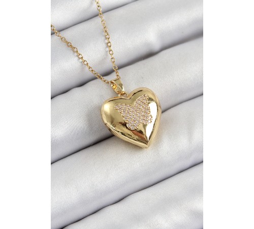 316L Çelik Zincir Açılabilir Figürlü Kalp Model Zirkon Taşlı Gold Renk Kadın Kolye - TJ-BKO10266