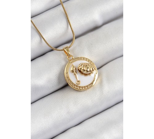 316L Çelik Zincir Beyaz Mineli Sanatsal Portre İstiridye Model Gold Renk Kadın Kolye - TJ-BKO10267