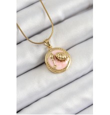 316L Çelik Zincir Pembe Mineli Sanatsal Portre İstiridye Model Gold Renk Kadın Kolye - TJ-BKO10268