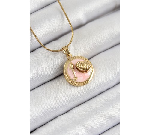 316L Çelik Zincir Pembe Mineli Sanatsal Portre İstiridye Model Gold Renk Kadın Kolye - TJ-BKO10268