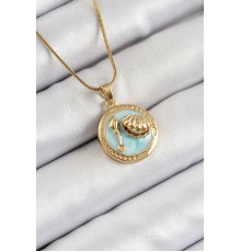 316L Çelik Zincir Turkuaz Mineli Sanatsal Portre İstiridye Model Gold Renk Kadın Kolye - TJ-BKO10269