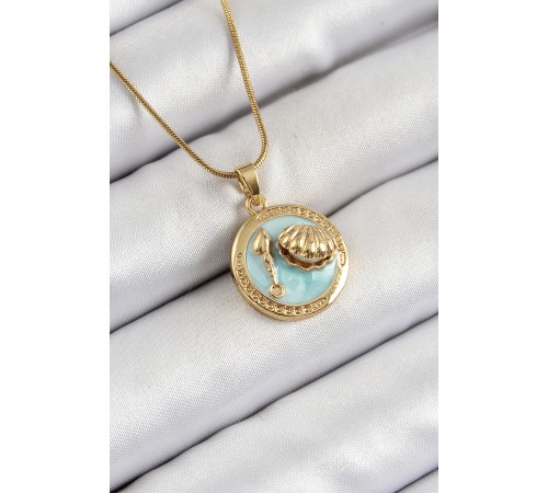 316L Çelik Zincir Turkuaz Mineli Sanatsal Portre İstiridye Model Gold Renk Kadın Kolye - TJ-BKO10269